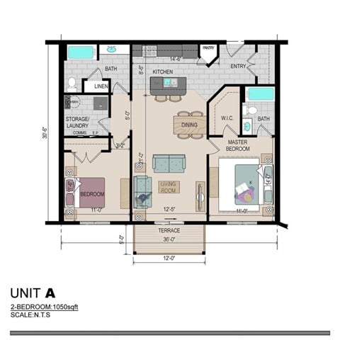 Floor plan for 2 beds, 2 baths, 1050 sqft